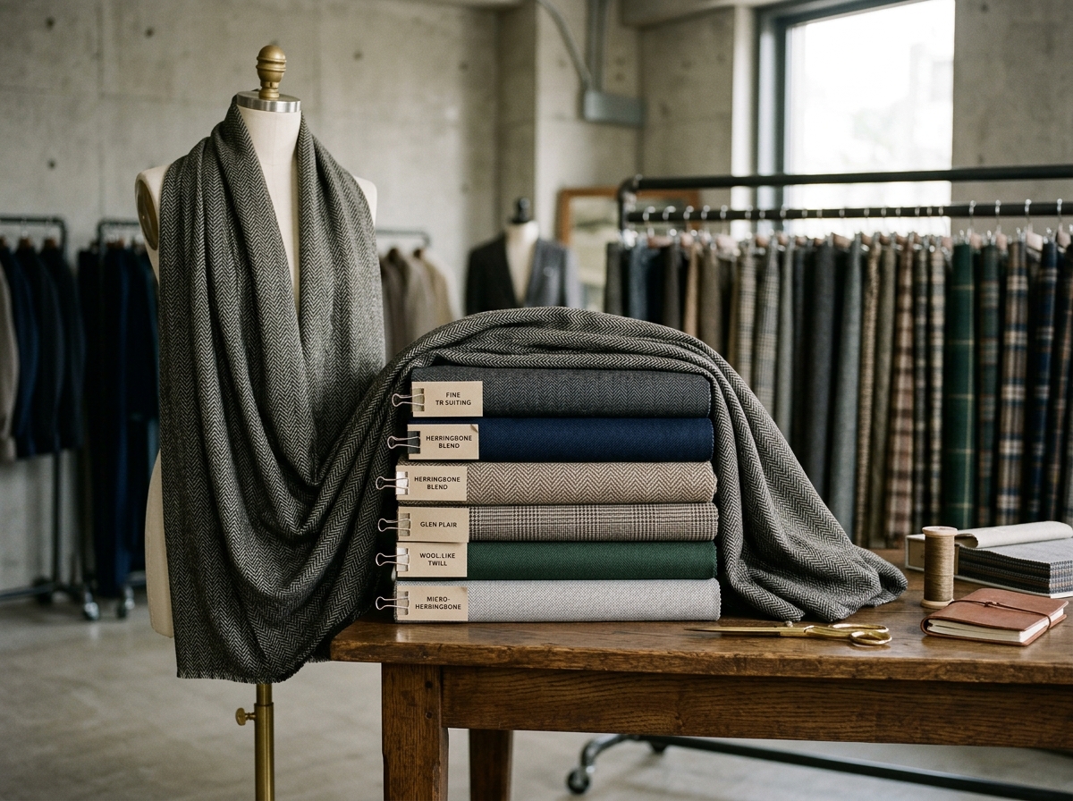 Stacked TR suiting and wool-like fabric swatches in herringbone, glen plaid, navy and green, with a draped fabric on a form