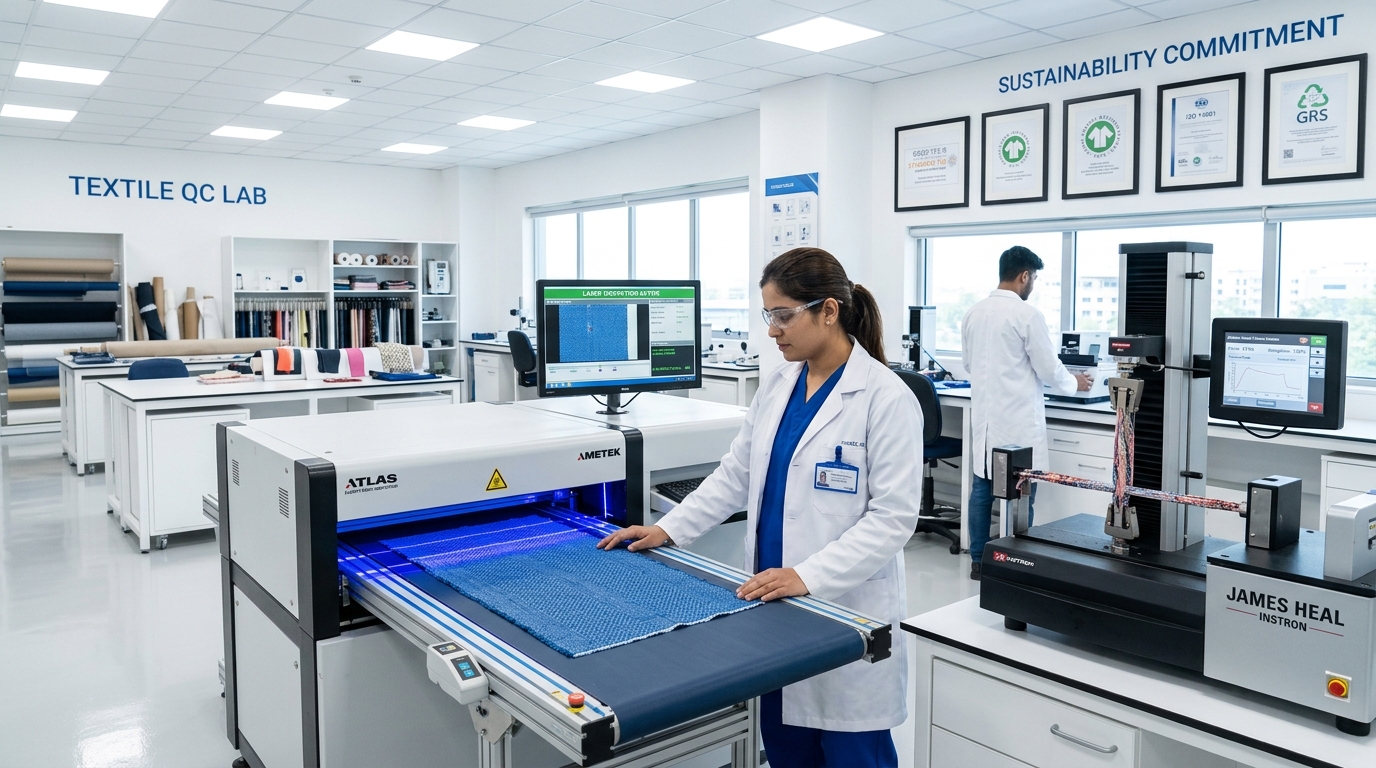 Technicians testing fabric on inspection equipment in the Zhengda textile quality-control lab